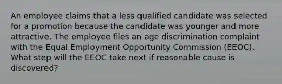 An employee claims that a less qualified candidate was selected for a promotion because the candidate was younger and more attractive. The employee files an age discrimination complaint with the Equal Employment Opportunity Commission (EEOC). What step will the EEOC take next if reasonable cause is discovered?