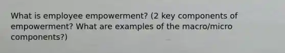 What is employee empowerment? (2 key components of empowerment? What are examples of the macro/micro components?)