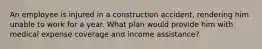 An employee is injured in a construction accident, rendering him unable to work for a year. What plan would provide him with medical expense coverage and income assistance?