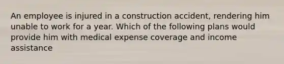 An employee is injured in a construction accident, rendering him unable to work for a year. Which of the following plans would provide him with medical expense coverage and income assistance