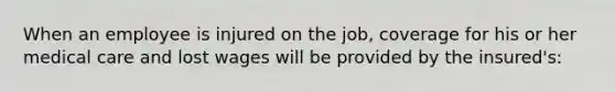 When an employee is injured on the job, coverage for his or her medical care and lost wages will be provided by the insured's: