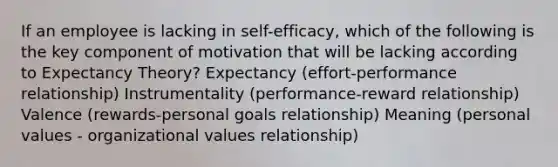 If an employee is lacking in self-efficacy, which of the following is the key component of motivation that will be lacking according to Expectancy Theory? Expectancy (effort-performance relationship) Instrumentality (performance-reward relationship) Valence (rewards-personal goals relationship) Meaning (personal values - organizational values relationship)