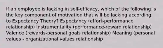 If an employee is lacking in self-efficacy, which of the following is the key component of motivation that will be lacking according to Expectancy Theory? Expectancy (effort-performance relationship) Instrumentality (performance-reward relationship) Valence (rewards-personal goals relationship) Meaning (personal values - organizational values relationship