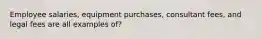Employee salaries, equipment purchases, consultant fees, and legal fees are all examples of?