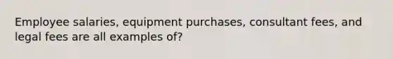 Employee salaries, equipment purchases, consultant fees, and legal fees are all examples of?