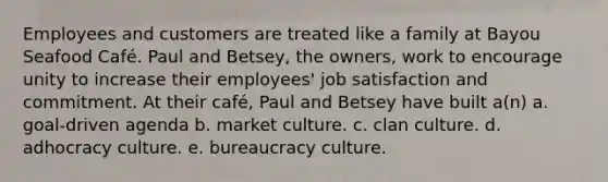 Employees and customers are treated like a family at Bayou Seafood Café. Paul and Betsey, the owners, work to encourage unity to increase their employees' <a href='https://www.questionai.com/knowledge/keT3al2X9a-job-satisfaction' class='anchor-knowledge'>job satisfaction</a> and commitment. At their café, Paul and Betsey have built a(n) a. goal-driven agenda b. market culture. c. clan culture. d. adhocracy culture. e. bureaucracy culture.