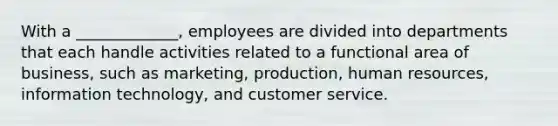 With a _____________, employees are divided into departments that each handle activities related to a functional area of business, such as marketing, production, human resources, information technology, and customer service.