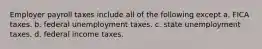 Employer payroll taxes include all of the following except a. FICA taxes. b. federal unemployment taxes. c. state unemployment taxes. d. federal income taxes.