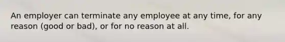 An employer can terminate any employee at any time, for any reason (good or bad), or for no reason at all.