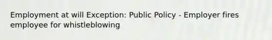 Employment at will Exception: Public Policy - Employer fires employee for whistleblowing