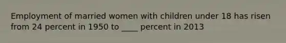 Employment of married women with children under 18 has risen from 24 percent in 1950 to ____ percent in 2013