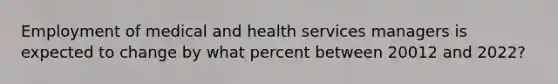 Employment of medical and health services managers is expected to change by what percent between 20012 and 2022?