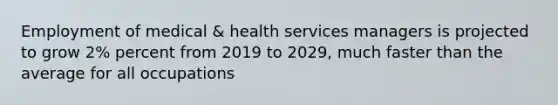 Employment of medical & health services managers is projected to grow 2% percent from 2019 to 2029, much faster than the average for all occupations