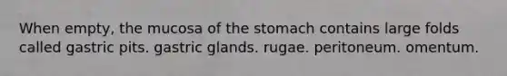 When empty, the mucosa of the stomach contains large folds called gastric pits. gastric glands. rugae. peritoneum. omentum.