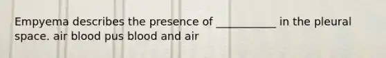 Empyema describes the presence of ___________ in the pleural space. air blood pus blood and air