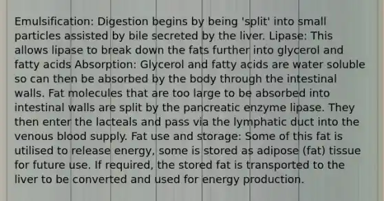 Emulsification: Digestion begins by being 'split' into small particles assisted by bile secreted by the liver. Lipase: This allows lipase to break down the fats further into glycerol and fatty acids Absorption: Glycerol and fatty acids are water soluble so can then be absorbed by the body through the intestinal walls. Fat molecules that are too large to be absorbed into intestinal walls are split by the pancreatic enzyme lipase. They then enter the lacteals and pass via the lymphatic duct into the venous blood supply. Fat use and storage: Some of this fat is utilised to release energy, some is stored as adipose (fat) tissue for future use. If required, the stored fat is transported to the liver to be converted and used for energy production.