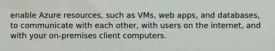 enable Azure resources, such as VMs, web apps, and databases, to communicate with each other, with users on the internet, and with your on-premises client computers.