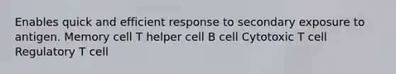 Enables quick and efficient response to secondary exposure to antigen. Memory cell T helper cell B cell Cytotoxic T cell Regulatory T cell