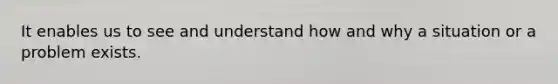 It enables us to see and understand how and why a situation or a problem exists.