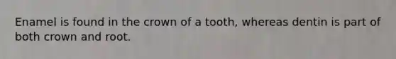 Enamel is found in the crown of a tooth, whereas dentin is part of both crown and root.