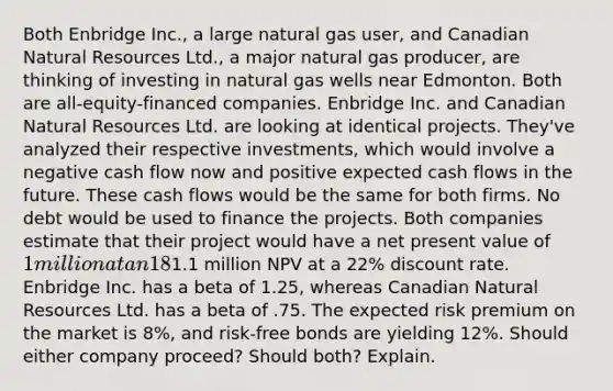 Both Enbridge Inc., a large natural gas user, and Canadian Natural Resources Ltd., a major natural gas producer, are thinking of investing in natural gas wells near Edmonton. Both are all-equity-financed companies. Enbridge Inc. and Canadian Natural Resources Ltd. are looking at identical projects. They've analyzed their respective investments, which would involve a negative cash flow now and positive expected cash flows in the future. These cash flows would be the same for both firms. No debt would be used to finance the projects. Both companies estimate that their project would have a net present value of 1 million at an 18% discount rate and a -1.1 million NPV at a 22% discount rate. Enbridge Inc. has a beta of 1.25, whereas Canadian Natural Resources Ltd. has a beta of .75. The expected risk premium on the market is 8%, and risk-free bonds are yielding 12%. Should either company proceed? Should both? Explain.