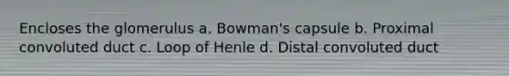 Encloses the glomerulus a. Bowman's capsule b. Proximal convoluted duct c. Loop of Henle d. Distal convoluted duct