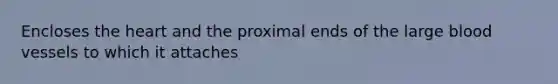 Encloses the heart and the proximal ends of the large blood vessels to which it attaches