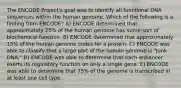 The ENCODE Project's goal was to identify all functional DNA sequences within the human genome. Which of the following is a finding from ENCODE? A) ENCODE determined that approximately 25% of the human genome has some sort of biochemical function. B) ENCODE determined that approximately 15% of the human genome codes for a protein. C) ENCODE was able to classify that a large part of the human genome is "Junk DNA." D) ENCODE was able to determine that each enhancer exerts its regulatory function on only a single gene. E) ENCODE was able to determine that 75% of the genome is transcribed in at least one cell type.