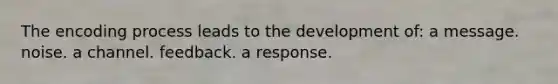 The encoding process leads to the development of: a message. noise. a channel. feedback. a response.