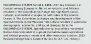 ENCOMIENDA SYSTEM Period 1, 1491-1607 Key Concept 1.2: Contact among Europeans, Native Americans, and Africans resulted in the Columbian Exchange and significant social, cultural, and political changes on both sides of the Atlantic Ocean. II. The Columbian Exchange and development of the Spanish Empire in the Western Hemisphere resulted in extensive demographic, economic, and social changes. B) In the ENCOMIENDA SYSTEM, Spanish colonial economies marshaled Native American labor to support plantation-based agriculture and extract precious metals and other resources. (source: 2015 Revised College Board Content Outline for A.P. U.S. History)