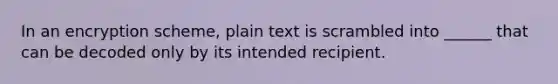 In an encryption scheme, plain text is scrambled into ______ that can be decoded only by its intended recipient.