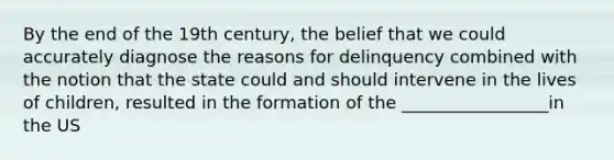 By the end of the 19th century, the belief that we could accurately diagnose the reasons for delinquency combined with the notion that the state could and should intervene in the lives of children, resulted in the formation of the _________________in the US