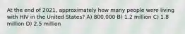 At the end of 2021, approximately how many people were living with HIV in the United States? A) 800,000 B) 1.2 million C) 1.8 million D) 2.5 million
