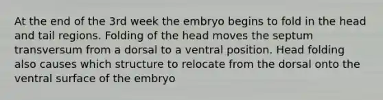 At the end of the 3rd week the embryo begins to fold in the head and tail regions. Folding of the head moves the septum transversum from a dorsal to a ventral position. Head folding also causes which structure to relocate from the dorsal onto the ventral surface of the embryo