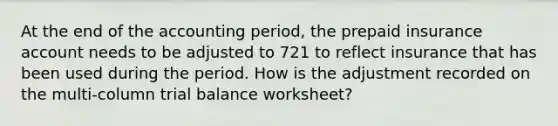 At the end of the accounting period, the prepaid insurance account needs to be adjusted to 721 to reflect insurance that has been used during the period. How is the adjustment recorded on the multi-column trial balance worksheet?