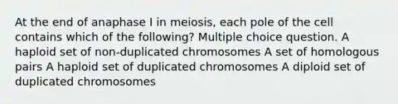 At the end of anaphase I in meiosis, each pole of the cell contains which of the following? Multiple choice question. A haploid set of non-duplicated chromosomes A set of homologous pairs A haploid set of duplicated chromosomes A diploid set of duplicated chromosomes