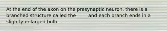 At the end of the axon on the presynaptic neuron, there is a branched structure called the ____ and each branch ends in a slightly enlarged bulb.