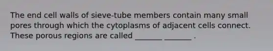 The end cell walls of sieve-tube members contain many small pores through which the cytoplasms of adjacent cells connect. These porous regions are called _______ _______ .