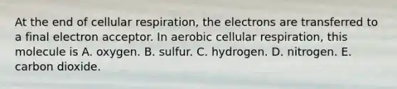 At the end of <a href='https://www.questionai.com/knowledge/k1IqNYBAJw-cellular-respiration' class='anchor-knowledge'>cellular respiration</a>, the electrons are transferred to a final electron acceptor. In aerobic cellular respiration, this molecule is A. oxygen. B. sulfur. C. hydrogen. D. nitrogen. E. carbon dioxide.