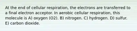 At the end of <a href='https://www.questionai.com/knowledge/k1IqNYBAJw-cellular-respiration' class='anchor-knowledge'>cellular respiration</a>, the electrons are transferred to a final electron acceptor. In aerobic cellular respiration, this molecule is A) oxygen (O2). B) nitrogen. C) hydrogen. D) sulfur. E) carbon dioxide.