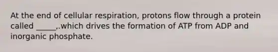 At the end of cellular respiration, protons flow through a protein called _____,.which drives the formation of ATP from ADP and inorganic phosphate.