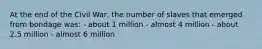 At the end of the Civil War, the number of slaves that emerged from bondage was: - about 1 million - almost 4 million - about 2.5 million - almost 6 million