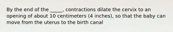 By the end of the _____, contractions dilate the cervix to an opening of about 10 centimeters (4 inches), so that the baby can move from the uterus to the birth canal