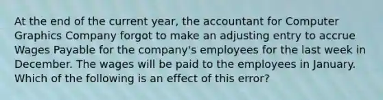 At the end of the current​ year, the accountant for Computer Graphics Company forgot to make an adjusting entry to accrue Wages Payable for the​ company's employees for the last week in December. The wages will be paid to the employees in January. Which of the following is an effect of this​ error?