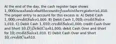 At the end of the day, the cash register tape shows 1,000 in cash sales but the count of cash in the register is1,010. The proper entry to account for this excess is: A) Debit Cash 1,000; credit Sales1,000. B) Debit Cash 1,010; credit Sales1,010. C) Debit Cash 1,010; credit Sales1,000; credit Cash Over and Short 10. D) Debit Cash1,000; debit Cash Over and Short for 10; credit Sales1,010. E) Debit Cash Over and Short 10; credit Cash10.