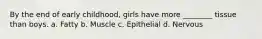 By the end of early childhood, girls have more ________ tissue than boys. a. Fatty b. Muscle c. Epithelial d. Nervous