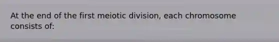 At the end of the first meiotic division, each chromosome consists of: