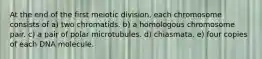 At the end of the first meiotic division, each chromosome consists of a) two chromatids. b) a homologous chromosome pair. c) a pair of polar microtubules. d) chiasmata. e) four copies of each DNA molecule.