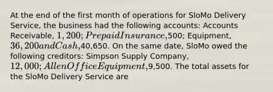 At the end of the first month of operations for SloMo Delivery Service, the business had the following accounts: Accounts Receivable, 1,200; Prepaid Insurance,500; Equipment, 36,200 and Cash,40,650. On the same date, SloMo owed the following creditors: Simpson Supply Company, 12,000; Allen Office Equipment,9,500. The total assets for the SloMo Delivery Service are