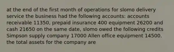 at the end of the first month of operations for slomo delivery service the business had the following accounts: accounts receivable 11350, prepaid insurance 400 equipment 26200 and cash 21650 on the same date, slomo owed the following credits Simpson supply company 17000 Allen office equipment 14500. the total assets for the company are